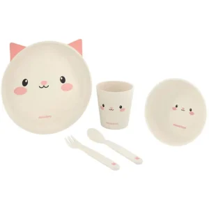 Set repas 6 pièces en bambou chat rose